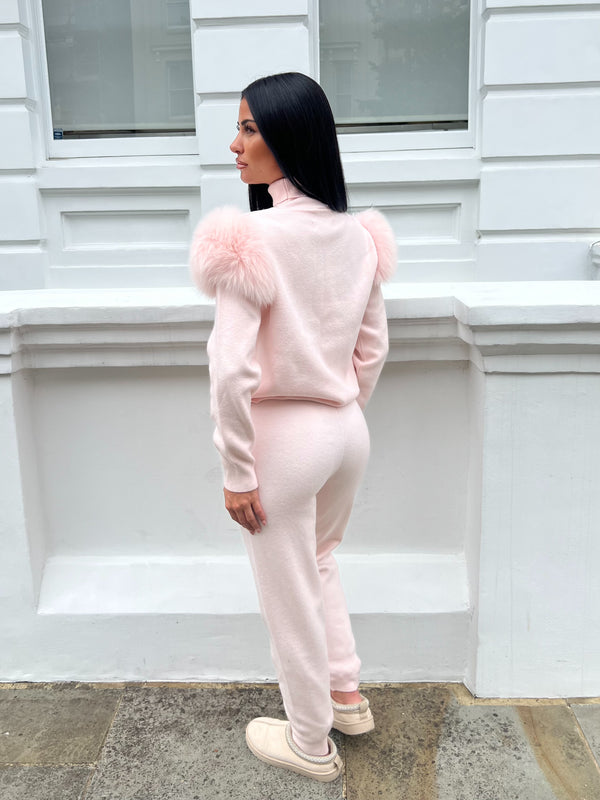 Baby Pink Luxury Fur Roll Neck Jogger Tracksuit