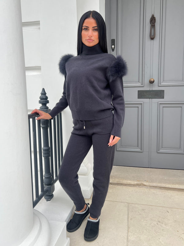 Charcoal Luxury Fur Roll Neck Jogger Tracksuit