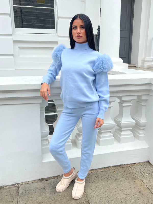 Baby Blue Luxury Fur Roll Neck Jogger Tracksuit