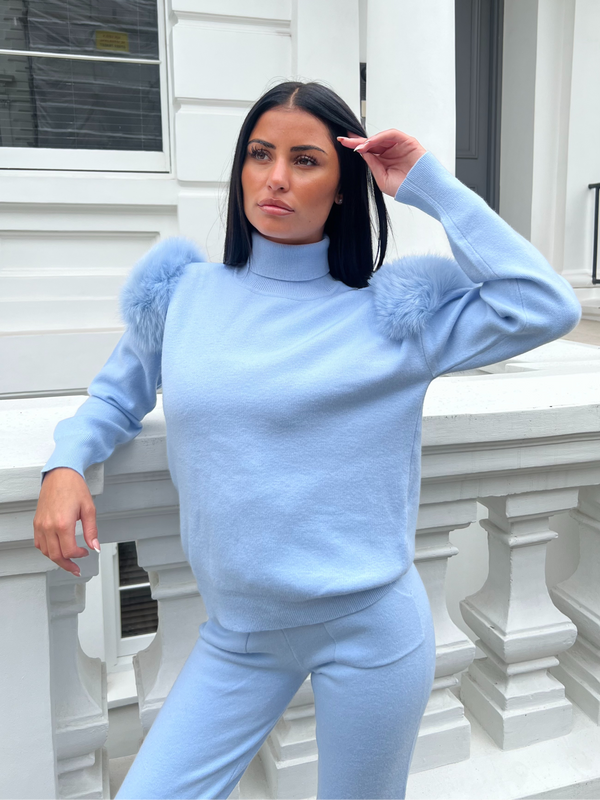 Baby Blue Luxury Fur Roll Neck Jogger Tracksuit