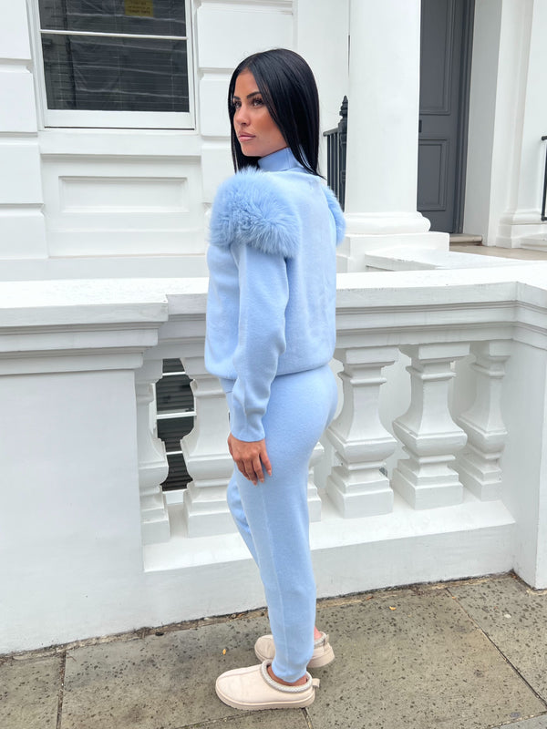 Baby Blue Luxury Fur Roll Neck Jogger Tracksuit