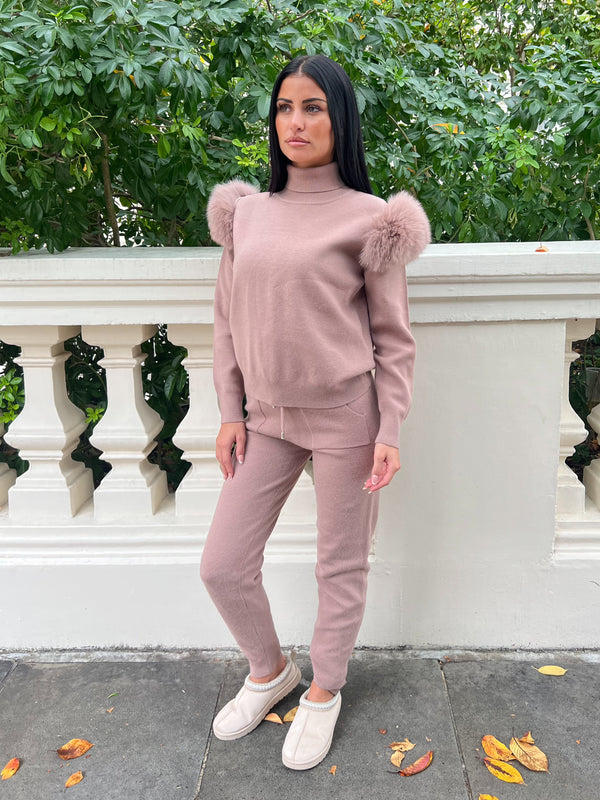 Taupe Luxury Fur Roll Neck Jogger Tracksuit