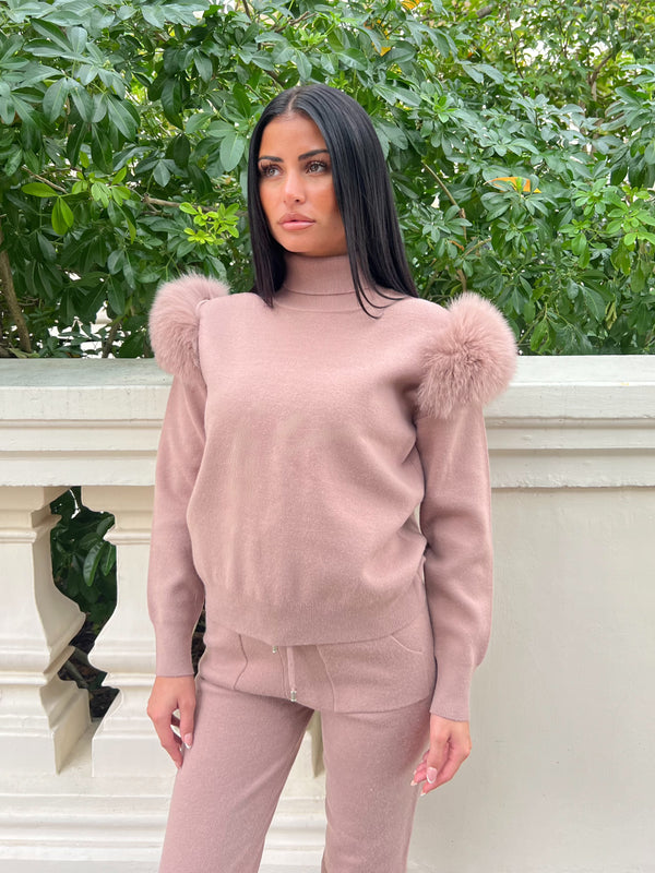 Taupe Luxury Fur Roll Neck Jogger Tracksuit