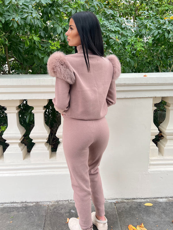 Taupe Luxury Fur Roll Neck Jogger Tracksuit