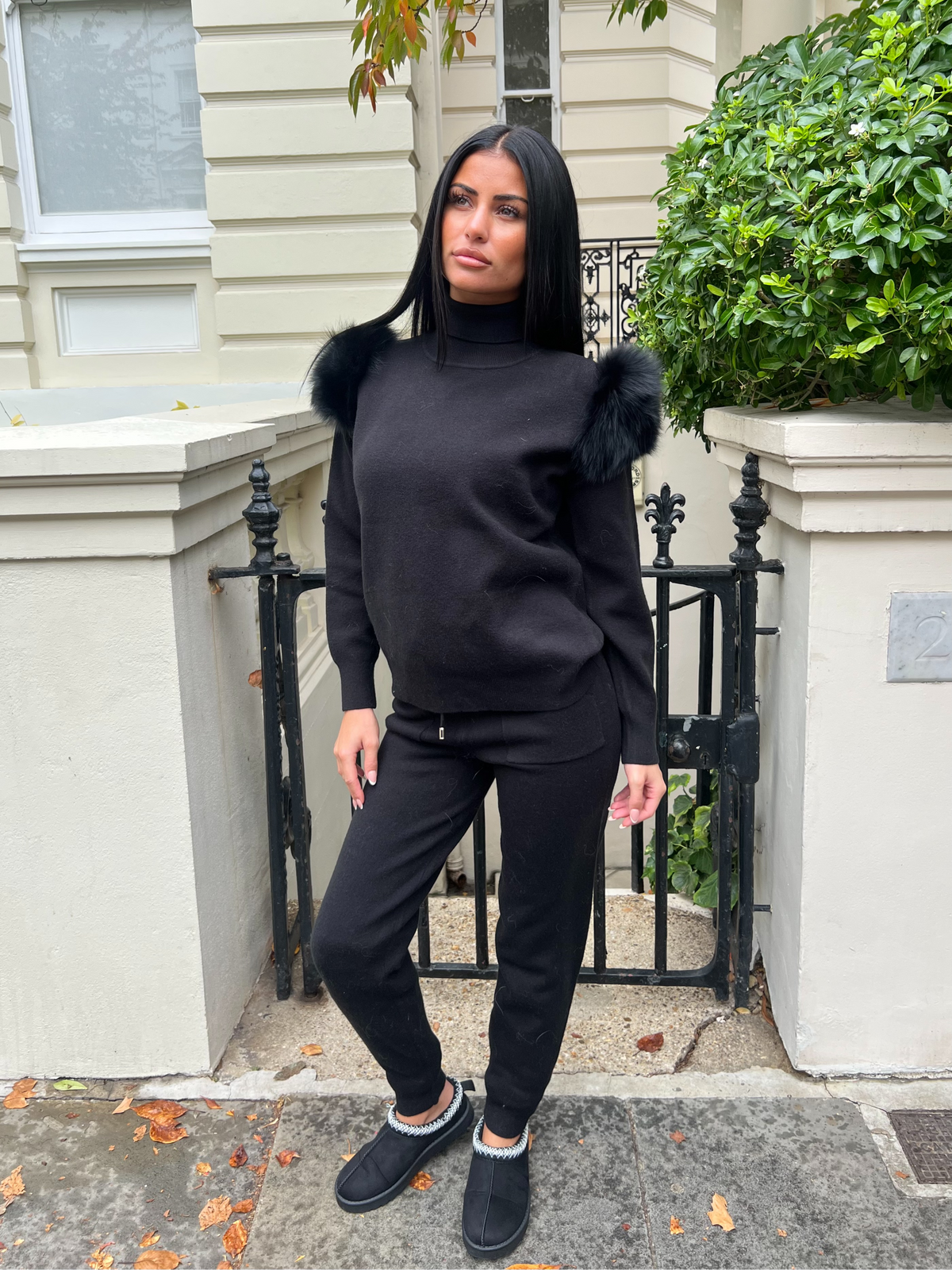 Black Luxury Fur Roll Neck Jogger Tracksuit