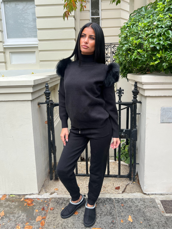 Black Luxury Fur Roll Neck Jogger Tracksuit