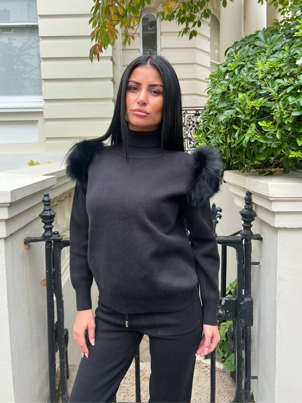 Black Luxury Fur Roll Neck Jogger Tracksuit