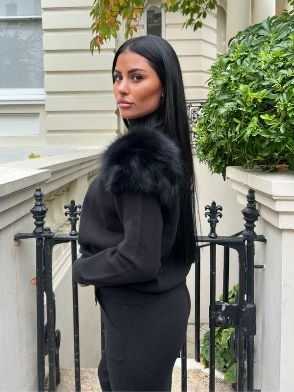 Black Luxury Fur Roll Neck Jogger Tracksuit