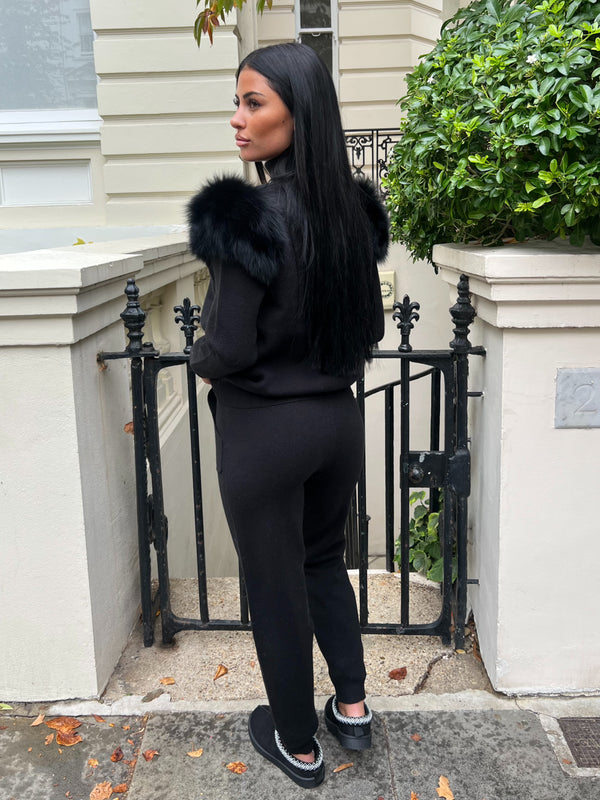 Black Luxury Fur Roll Neck Jogger Tracksuit