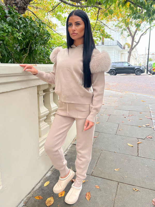 Beige Luxury Fur Hooded Jogger Tracksuit