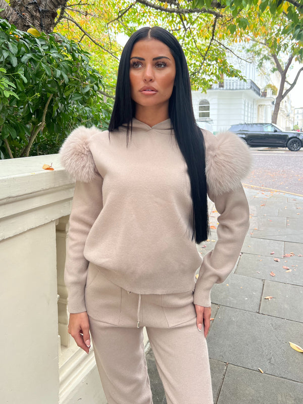 Beige Luxury Fur Hooded Jogger Tracksuit