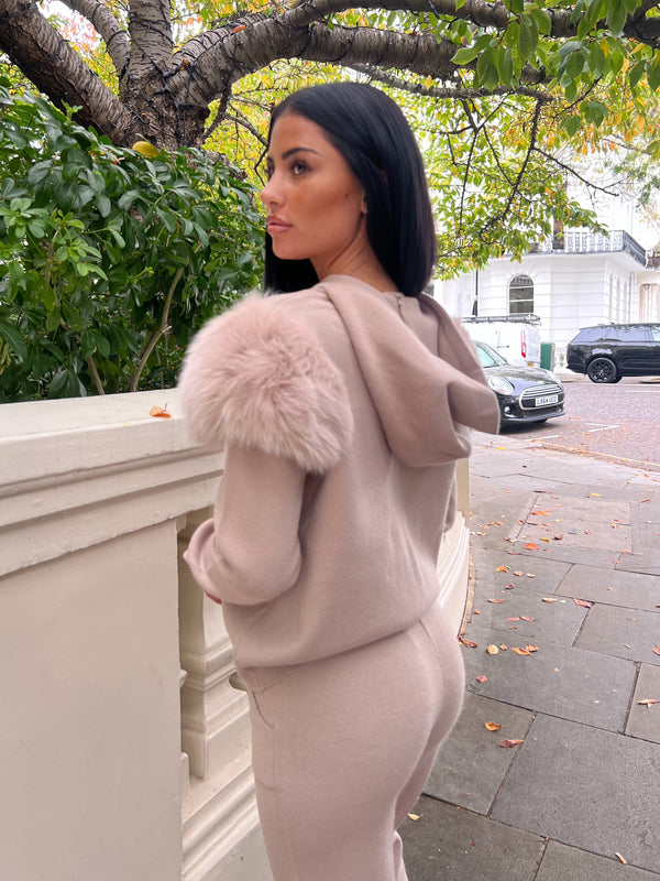 Beige Luxury Fur Hooded Jogger Tracksuit