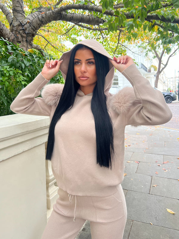 Beige Luxury Fur Hooded Jogger Tracksuit