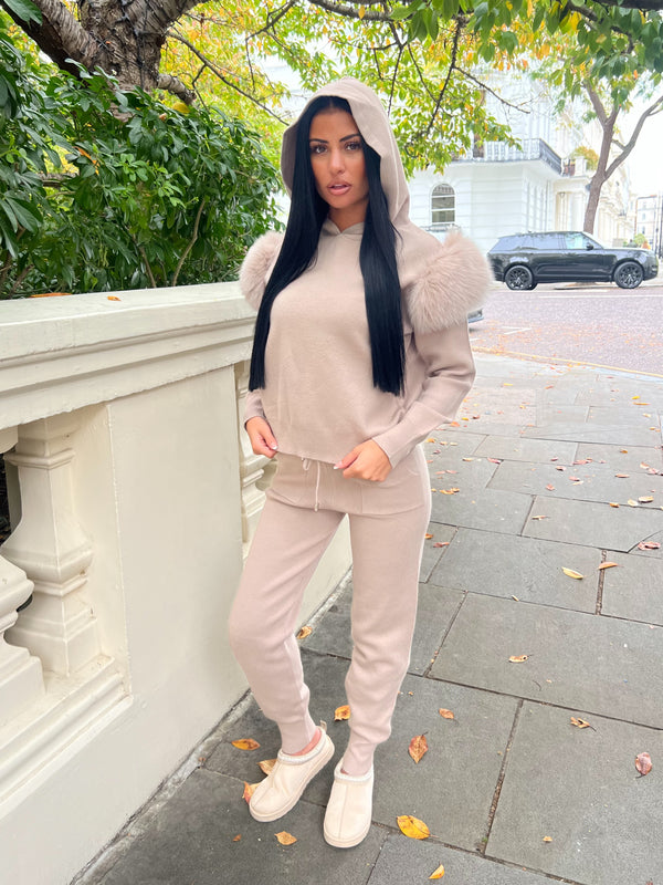 Beige Luxury Fur Hooded Jogger Tracksuit