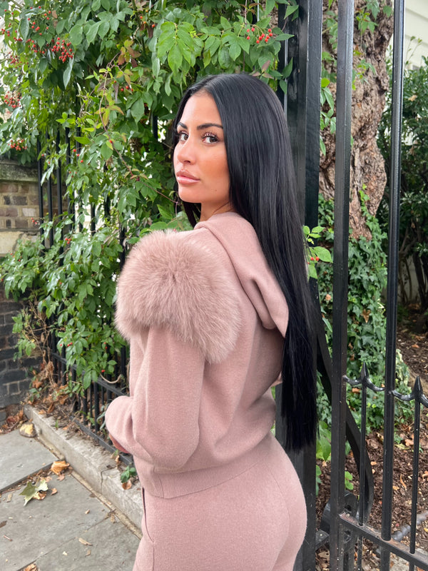 Taupe Luxury Fur Hooded Jogger Tracksuit
