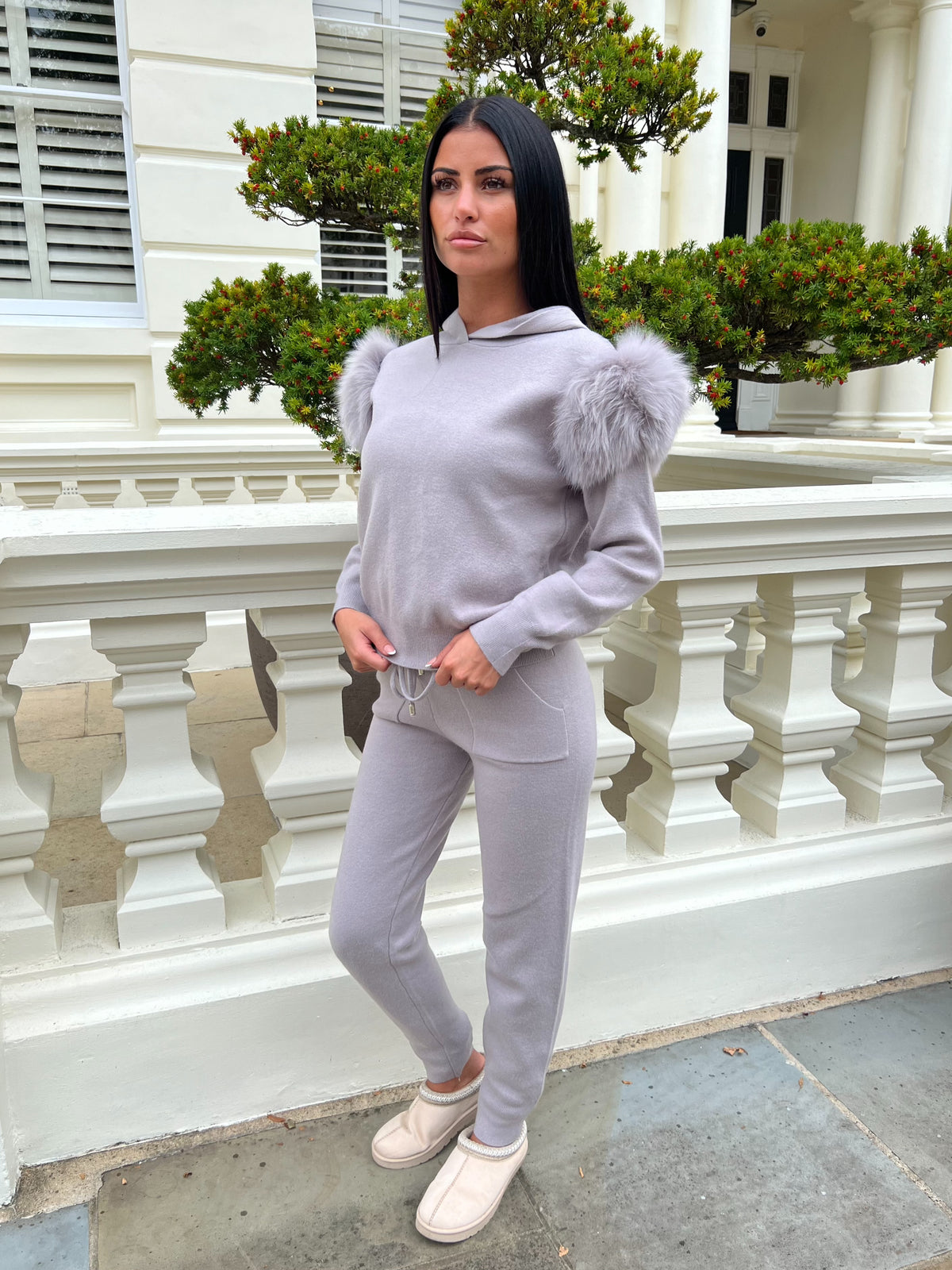 Luxury Fur Hooded Jogger Tracksuit