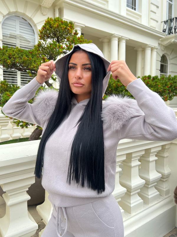 Grey Luxury Fur Hooded Jogger Tracksuit