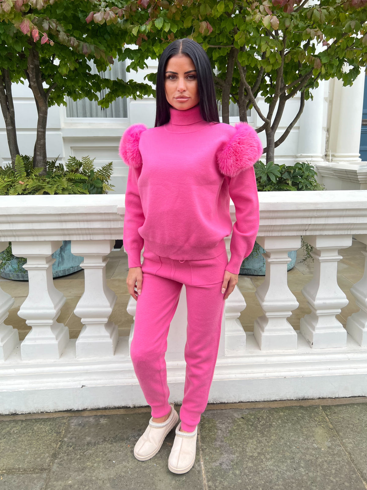 Hot Pink Luxury Fur Roll Neck Jogger Tracksuit