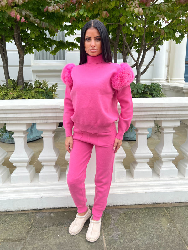 Hot Pink Luxury Fur Roll Neck Jogger Tracksuit