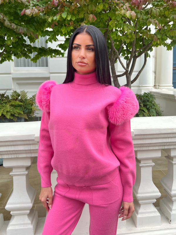 Hot Pink Luxury Fur Roll Neck Jogger Tracksuit