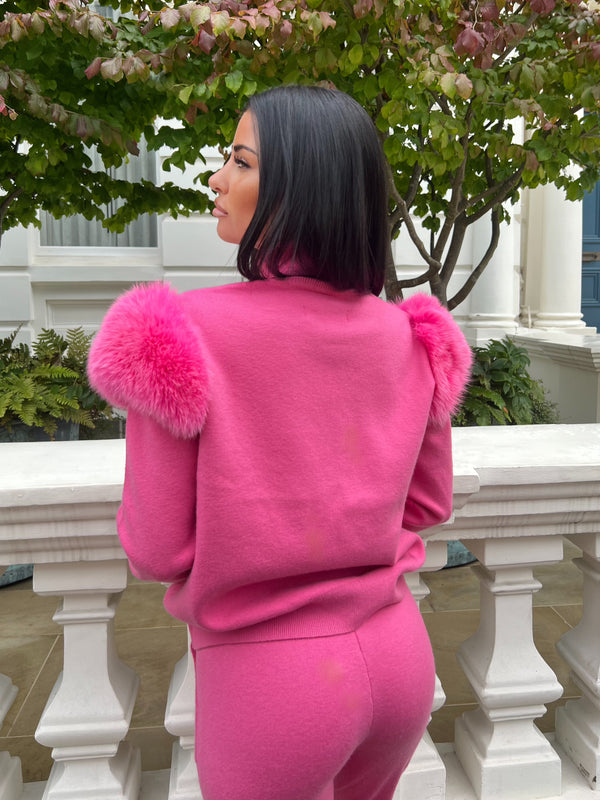 Hot Pink Luxury Fur Roll Neck Jogger Tracksuit