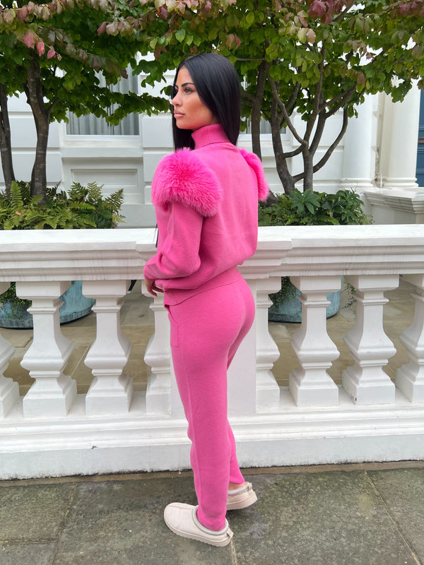 Hot Pink Luxury Fur Roll Neck Jogger Tracksuit