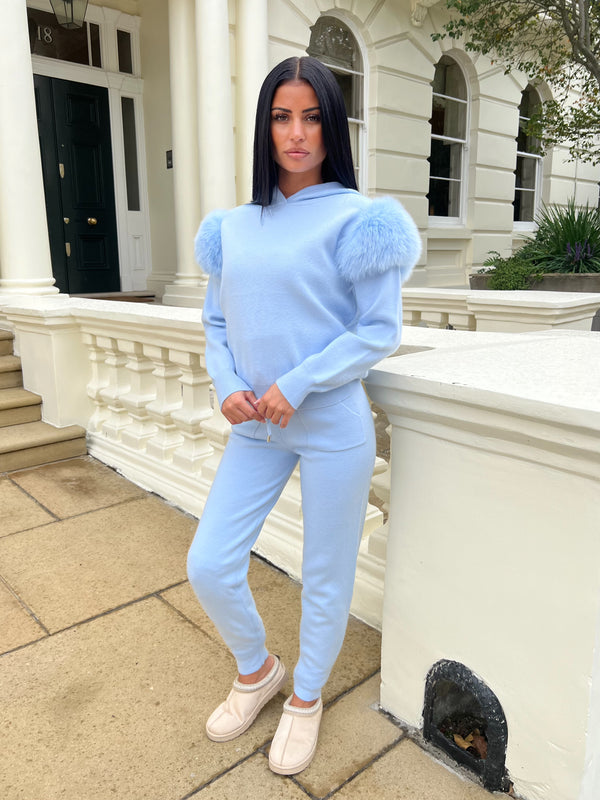 Baby Blue Luxury Fur Hooded Jogger Tracksuit