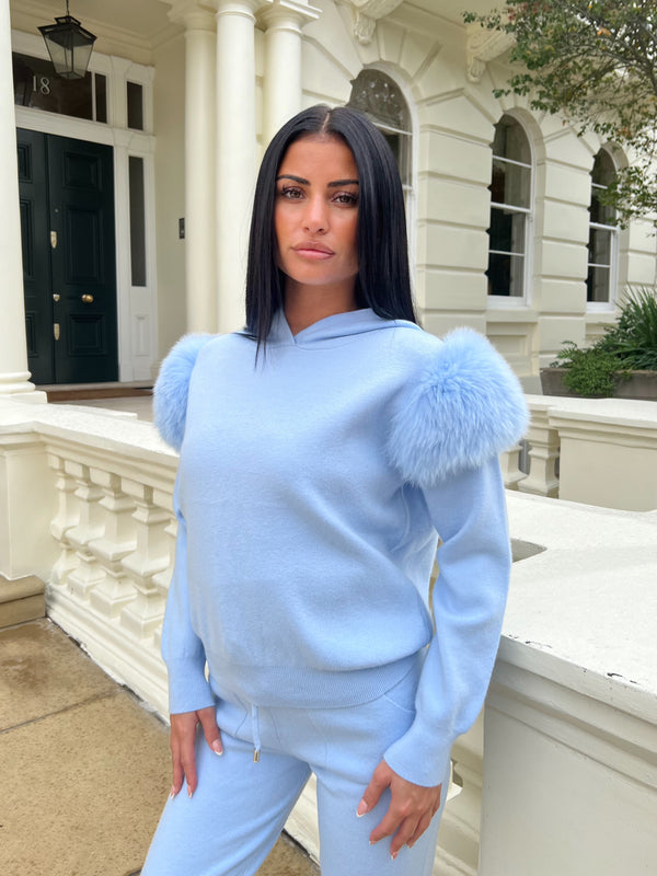 Baby Blue Luxury Fur Hooded Jogger Tracksuit