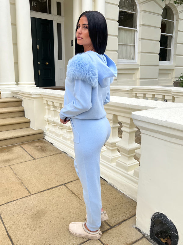 Baby Blue Luxury Fur Hooded Jogger Tracksuit