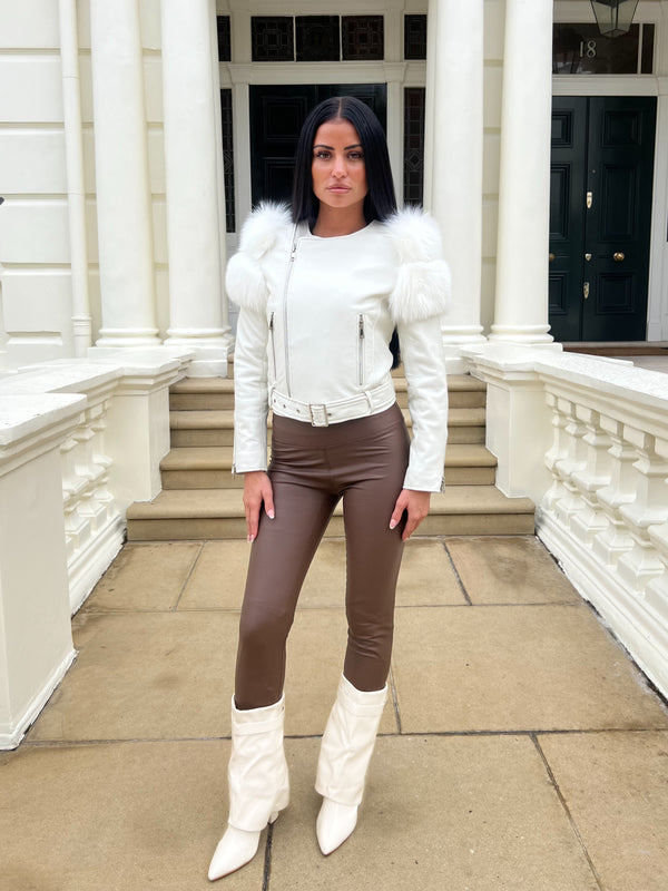 Cream Collarless Luxury Fur Biker Jacket