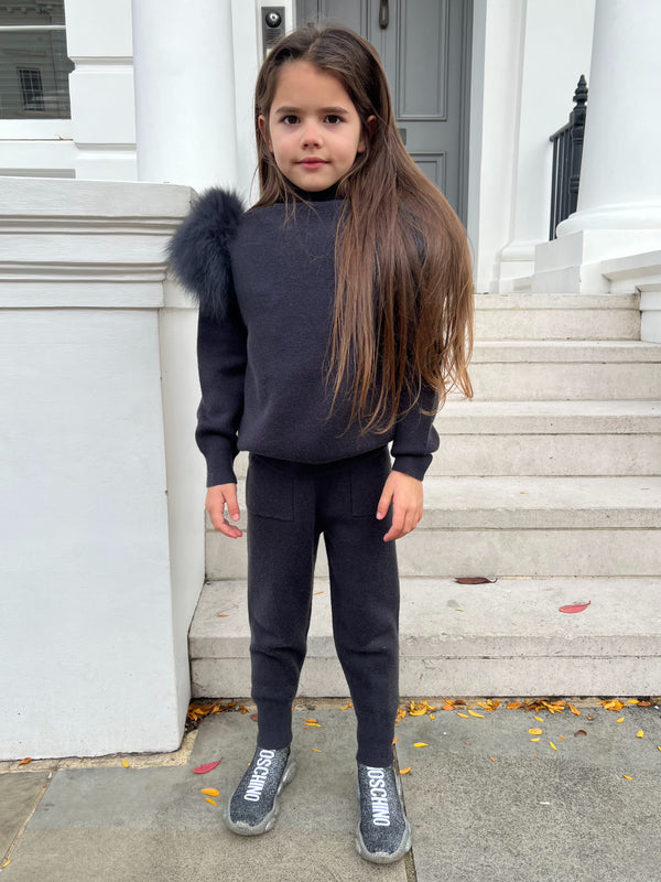 Childrens Charcoal Luxury Fur Roll Neck Jogger Tracksuit