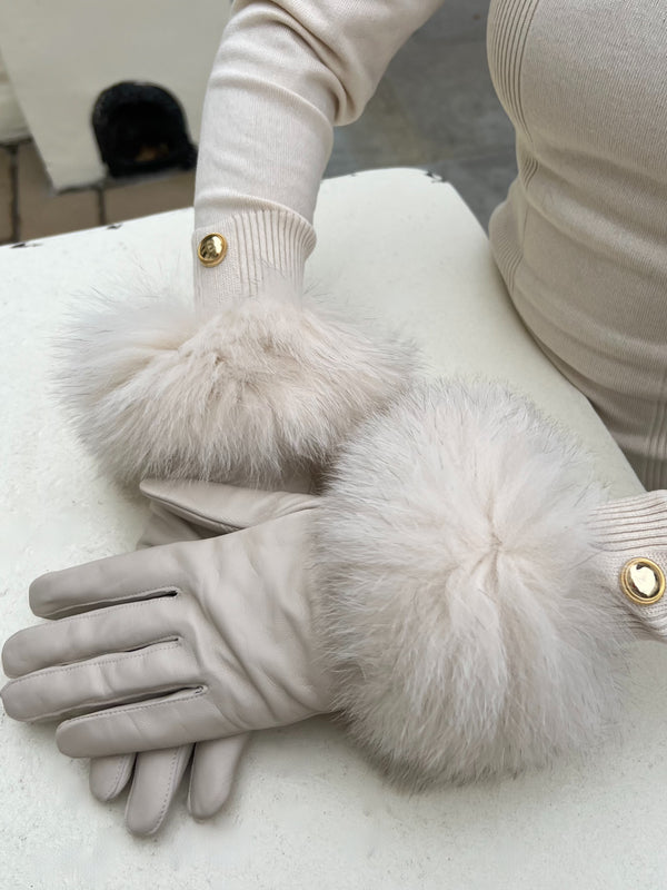 Beige Luxury Fur Leather Gloves