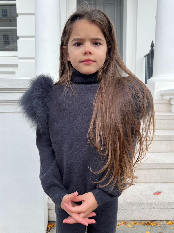 Childrens Charcoal Luxury Fur Roll Neck Jogger Tracksuit