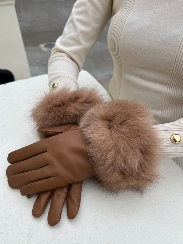 Camel Luxury Fur Leather Gloves