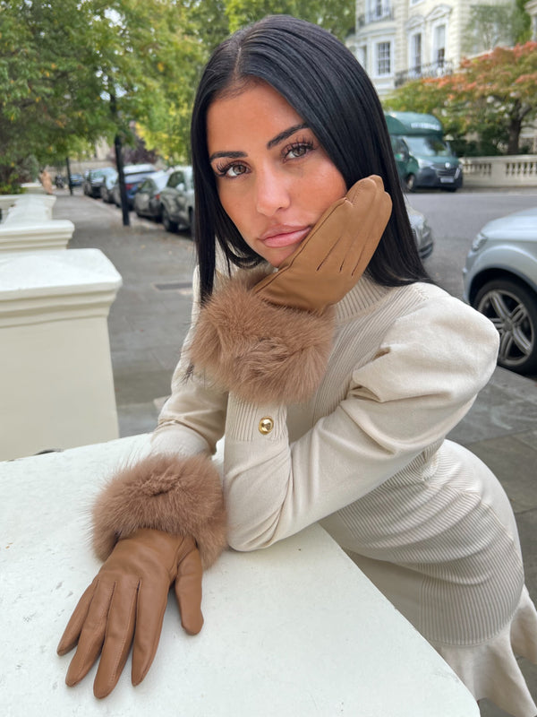 Camel Luxury Fur Leather Gloves