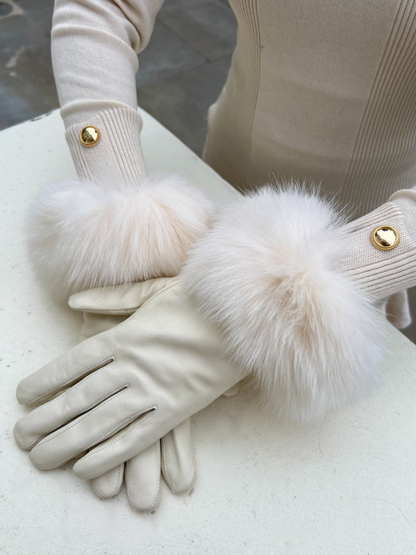 Light Beige Luxury Fur Leather Gloves