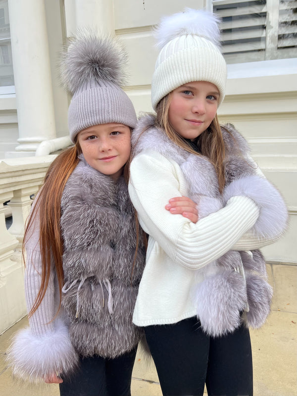 Childrens Grey/Two Tone Luxury Fur Bobble Hat