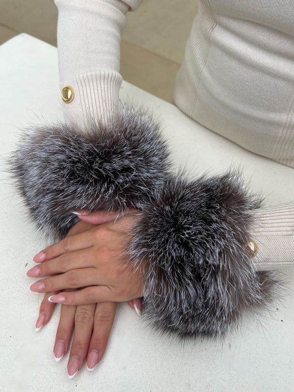 Two Tone Grey Snap Band Luxury Fur Cuffs