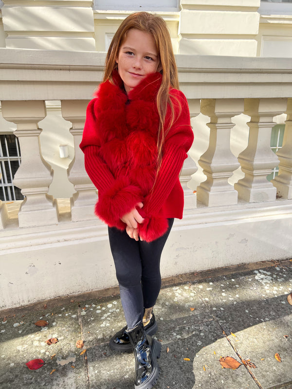 Childrens Red Luxury Fur Cardigan
