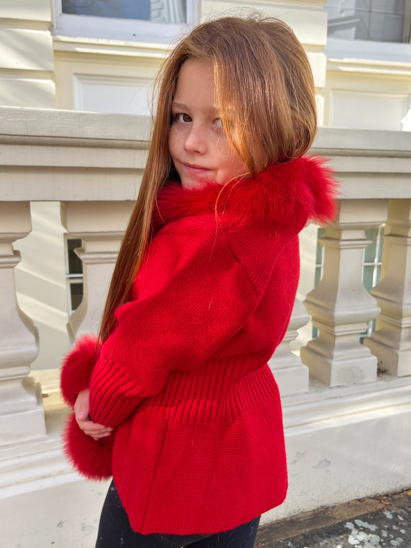 Childrens Red Luxury Fur Cardigan