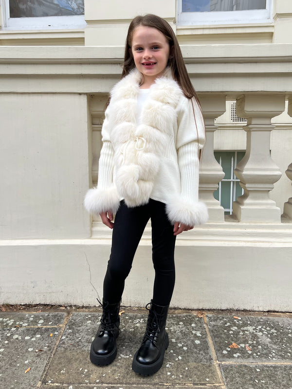 Childrens Cream Luxury Fur Cardigan