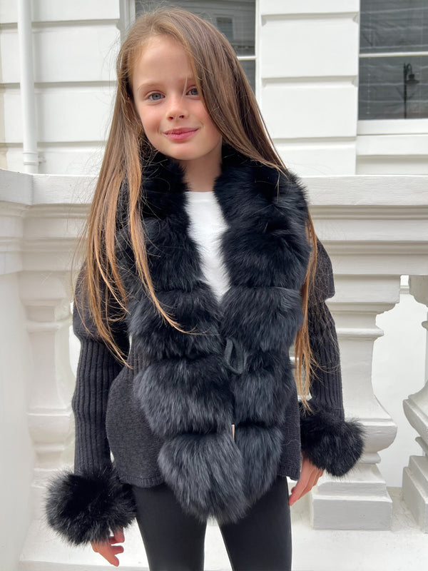 Childrens Black Luxury Fur Cardigan