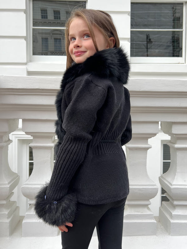 Childrens Black Luxury Fur Cardigan