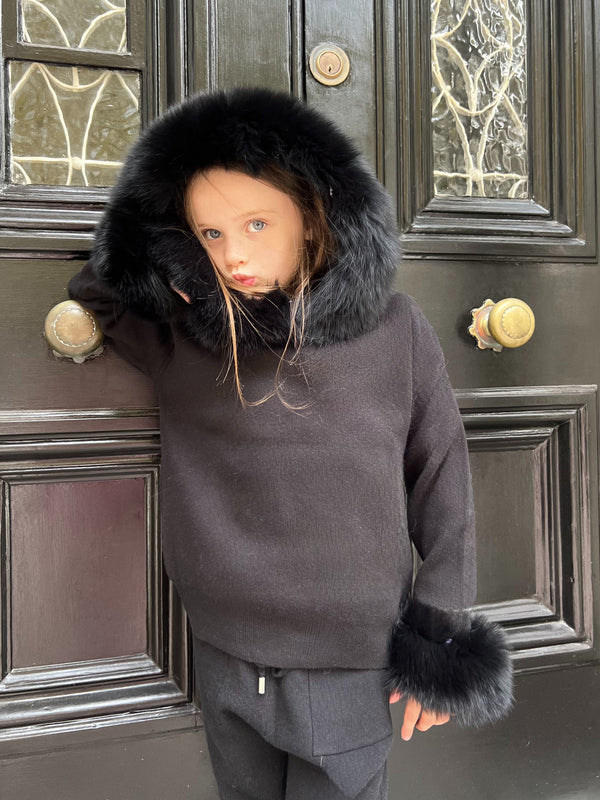 Childrens Black Luxury Fur Trim Hood & Cuff Tracksuit