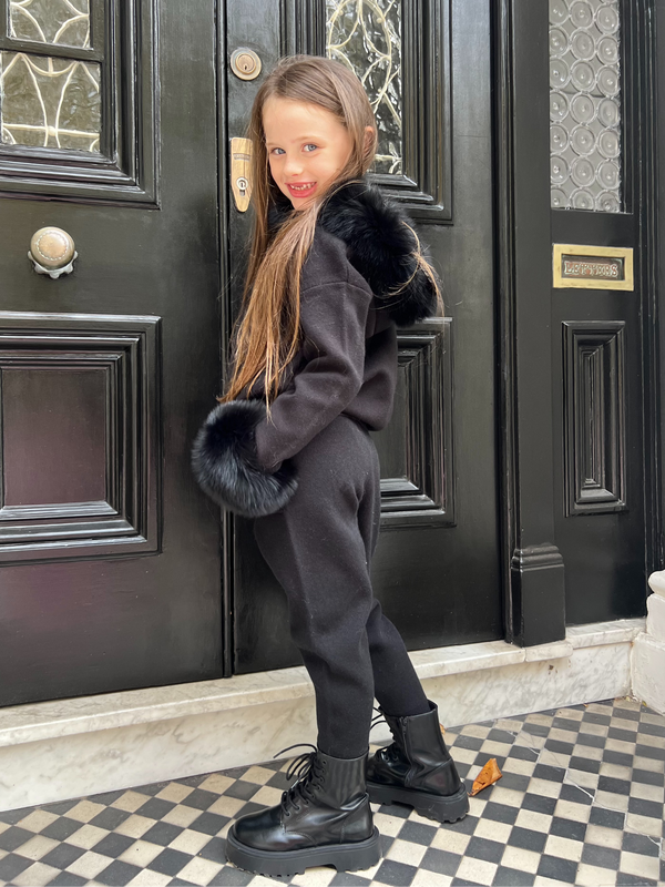 Childrens Black Luxury Fur Trim Hood & Cuff Tracksuit