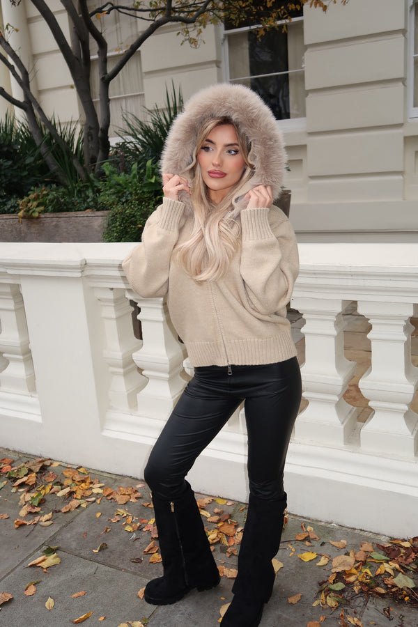 Beige Knitted Zip Cardigan With Faux Fur Trim Hood - HL London