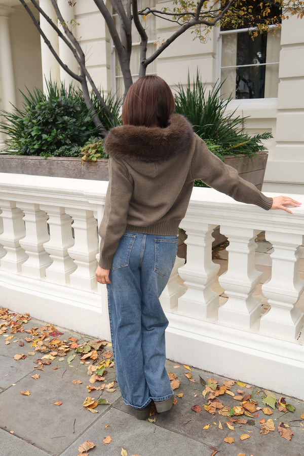 Khaki Knitted Zip Cardigan With Faux Fur Trim Hood - HL London