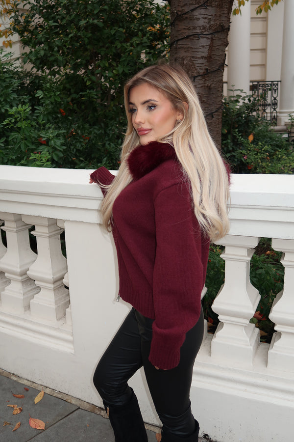 Burgundy Knitted Zip Cardigan With Faux Fur Trim Hood - HL London