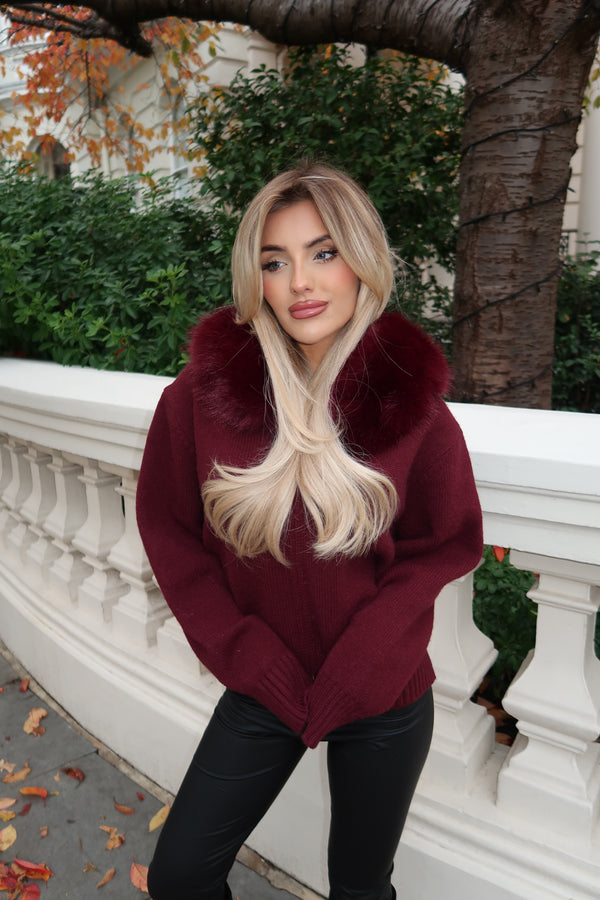Burgundy Knitted Zip Cardigan With Faux Fur Trim Hood - HL London