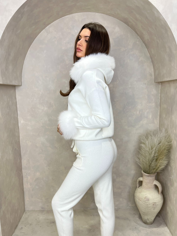 Cream Luxury Fur Trim Hood & Cuff Jogger Tracksuit